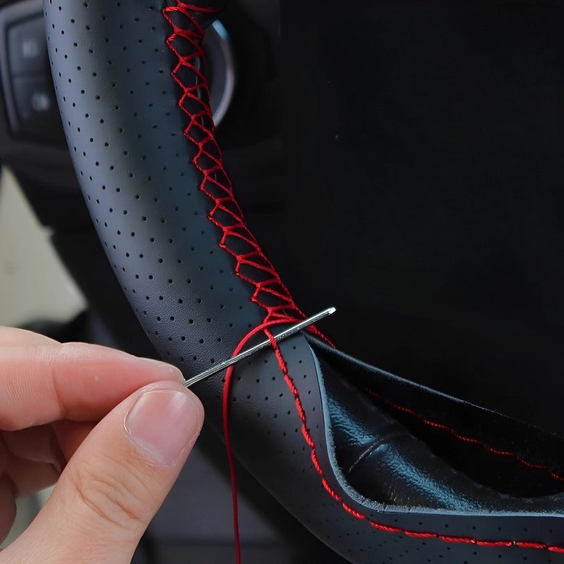 Hand-stitched tumbled leather steering wheel cover for Chery